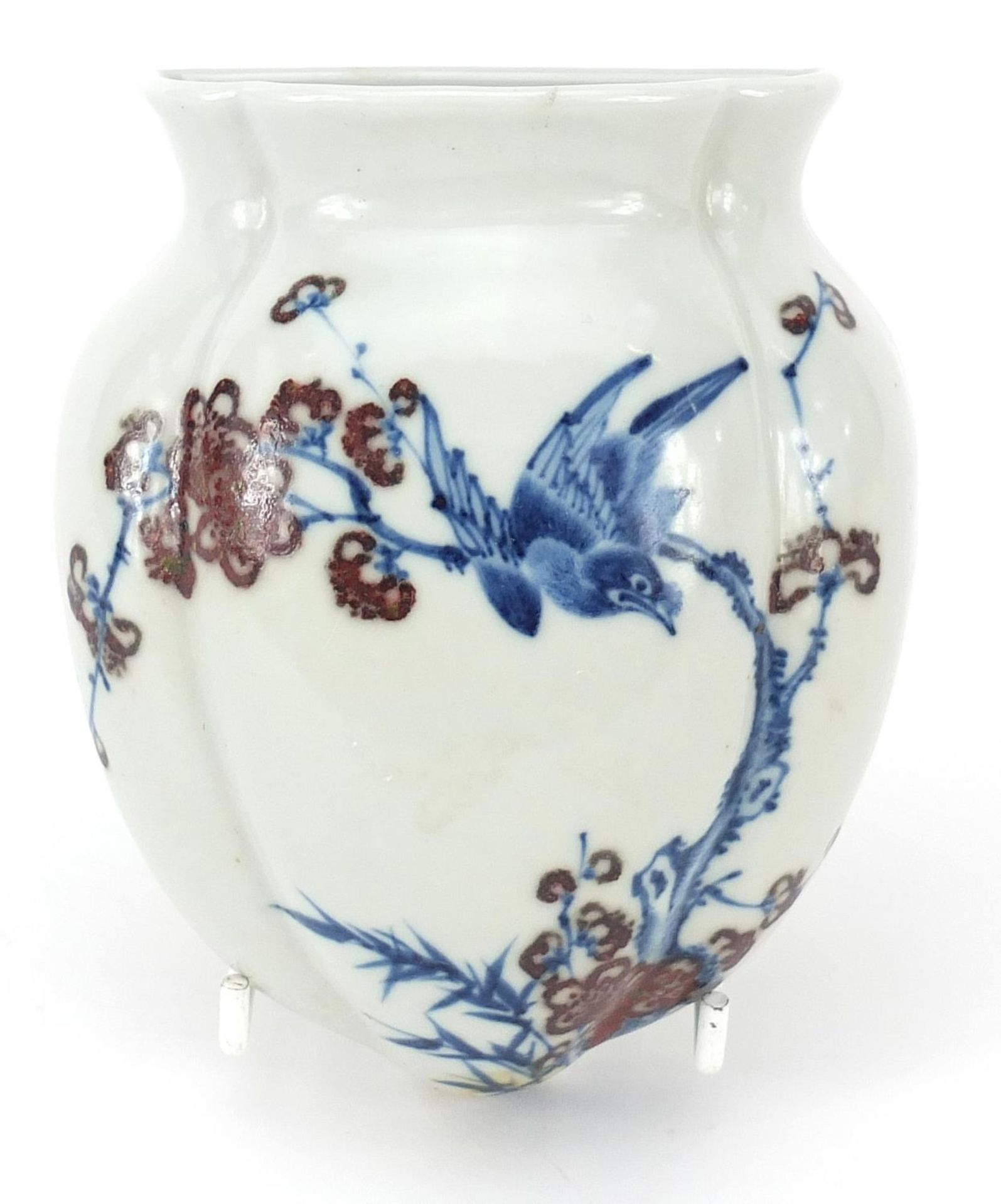 Chinese blue and white with iron red porcelain wall pocket, hand painted with a bird amongst