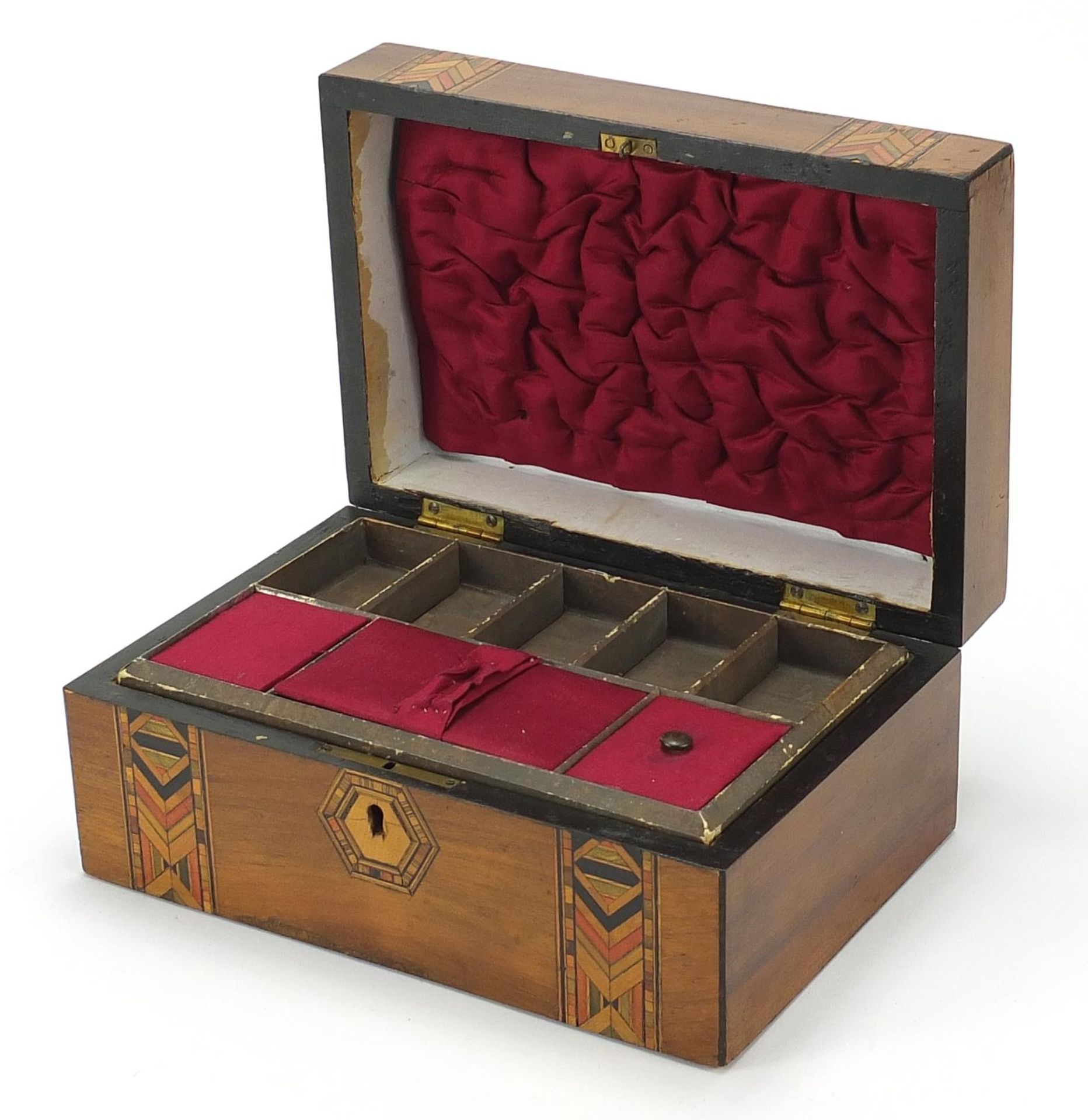 Victorian inlaid walnut sewing box with fitted lift out interior, 10cm H x 22.5cm W x 15cm D - Bild 2 aus 4