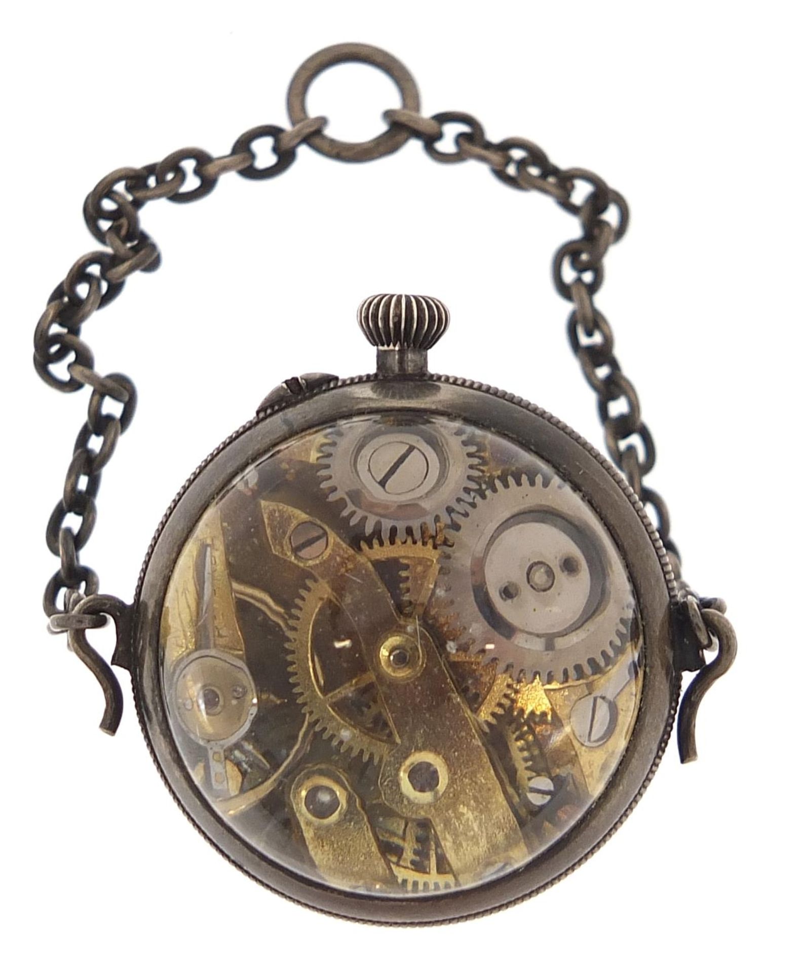 Globular silver coloured metal and glass pocket watch, 2.5cm in diameter - Image 3 of 3