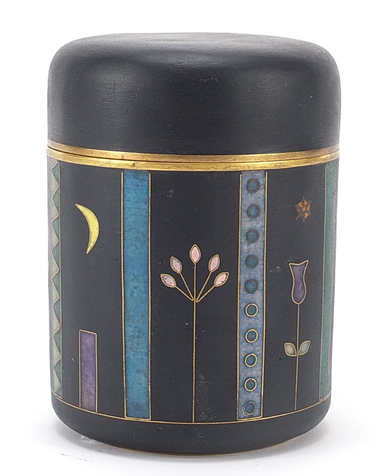 Kathe Ruckenbrod, German brass pot and cover enamelled with modern Egyptianesque motifs, incised
