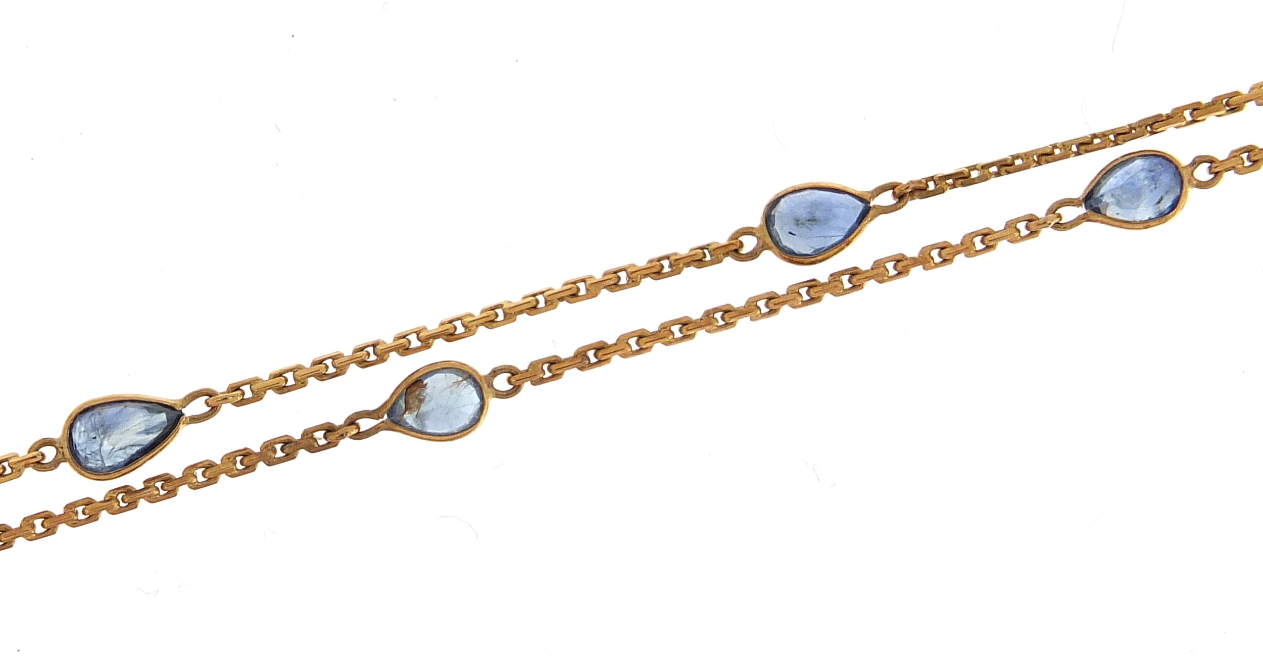 9ct gold teardrop sapphire necklace, 60cm in length, 6.0g