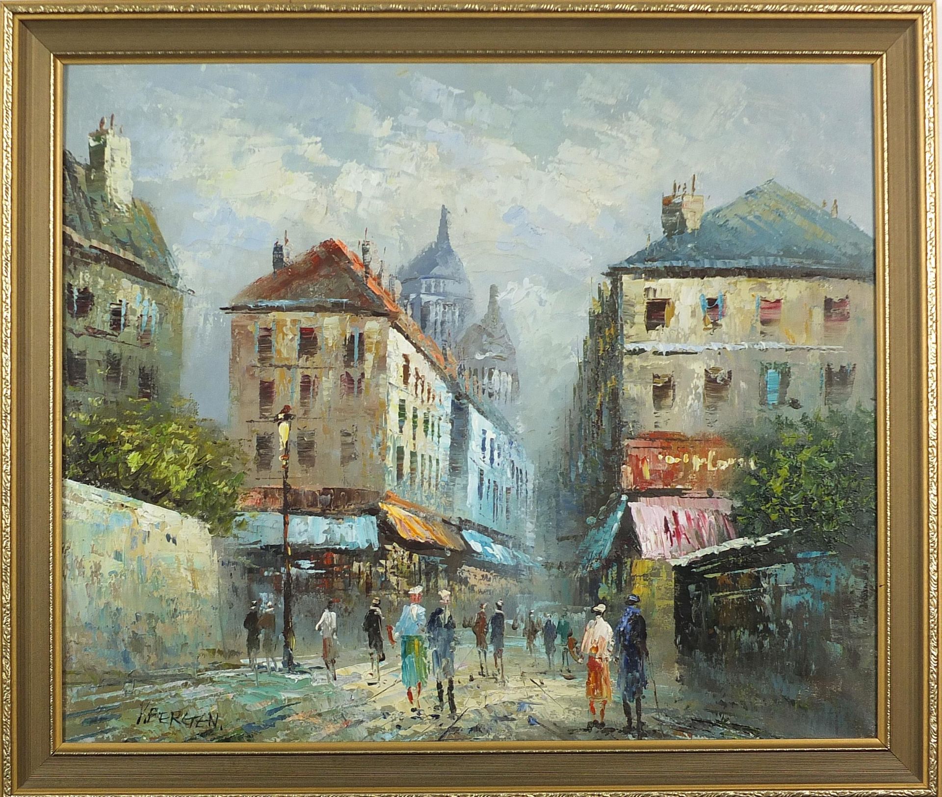 Parisian street scene with figures, oil on canvas, mounted and framed, 59.5cm x 49.5cm excluding the - Image 2 of 4