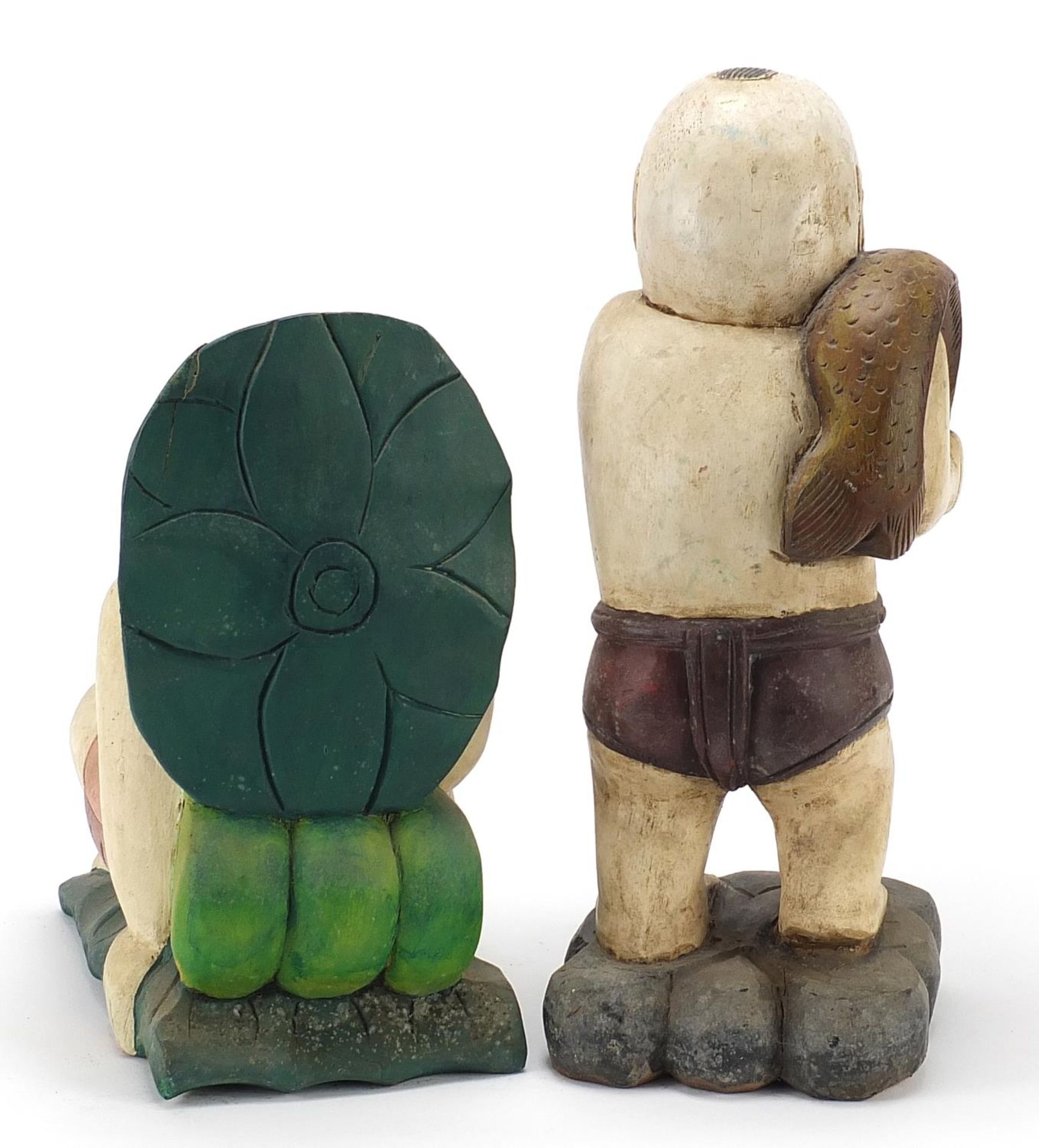 Two Chinese painted carved wood figures of young boys, the largest 39cm high - Image 2 of 3