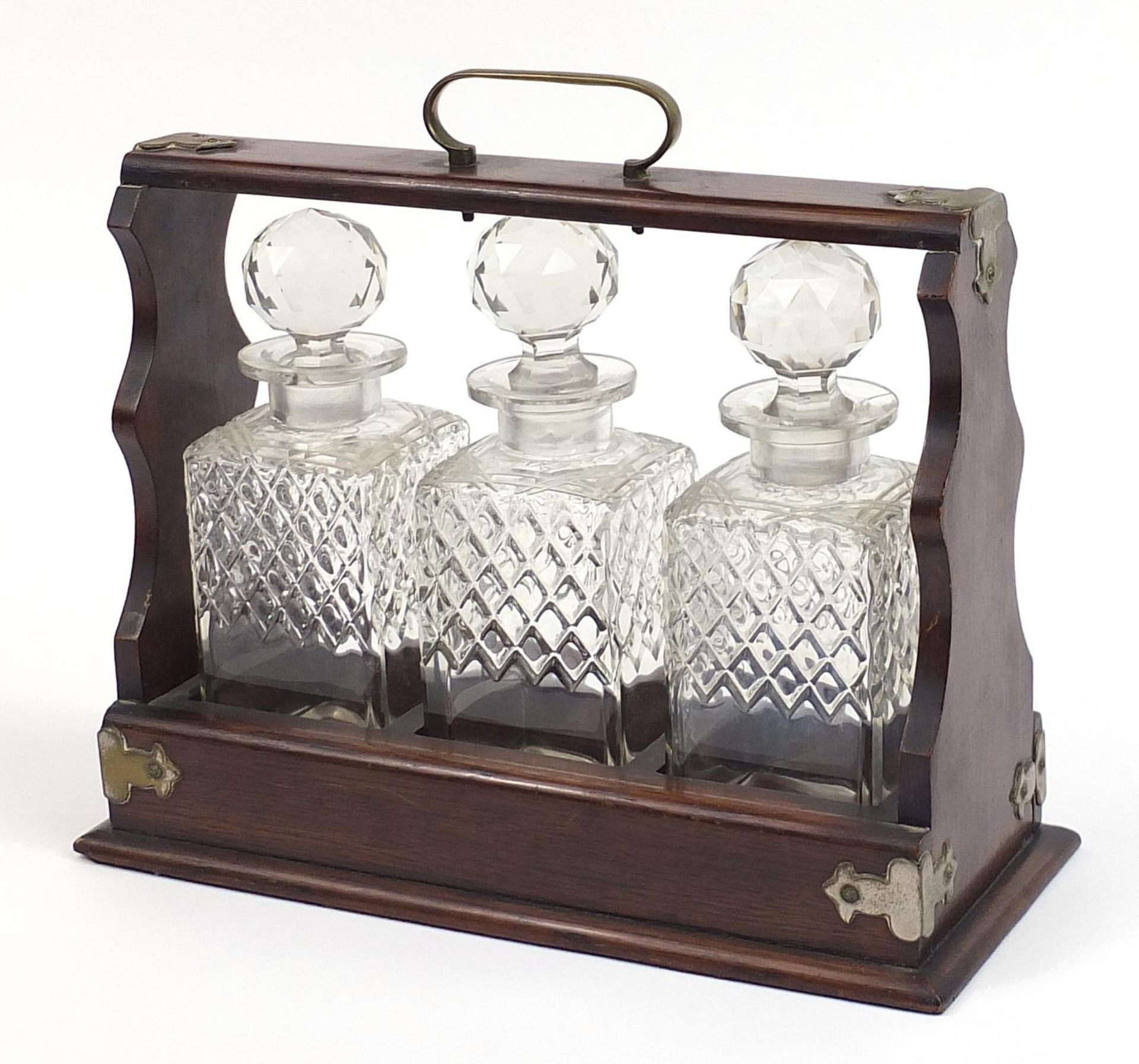 Oak three bottle tantalus with three glass decanters, 35.5cm wide - Bild 3 aus 3