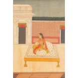 Seated female wearing traditional dress, Indian Mughal school watercolour on card, unframed, 27cm