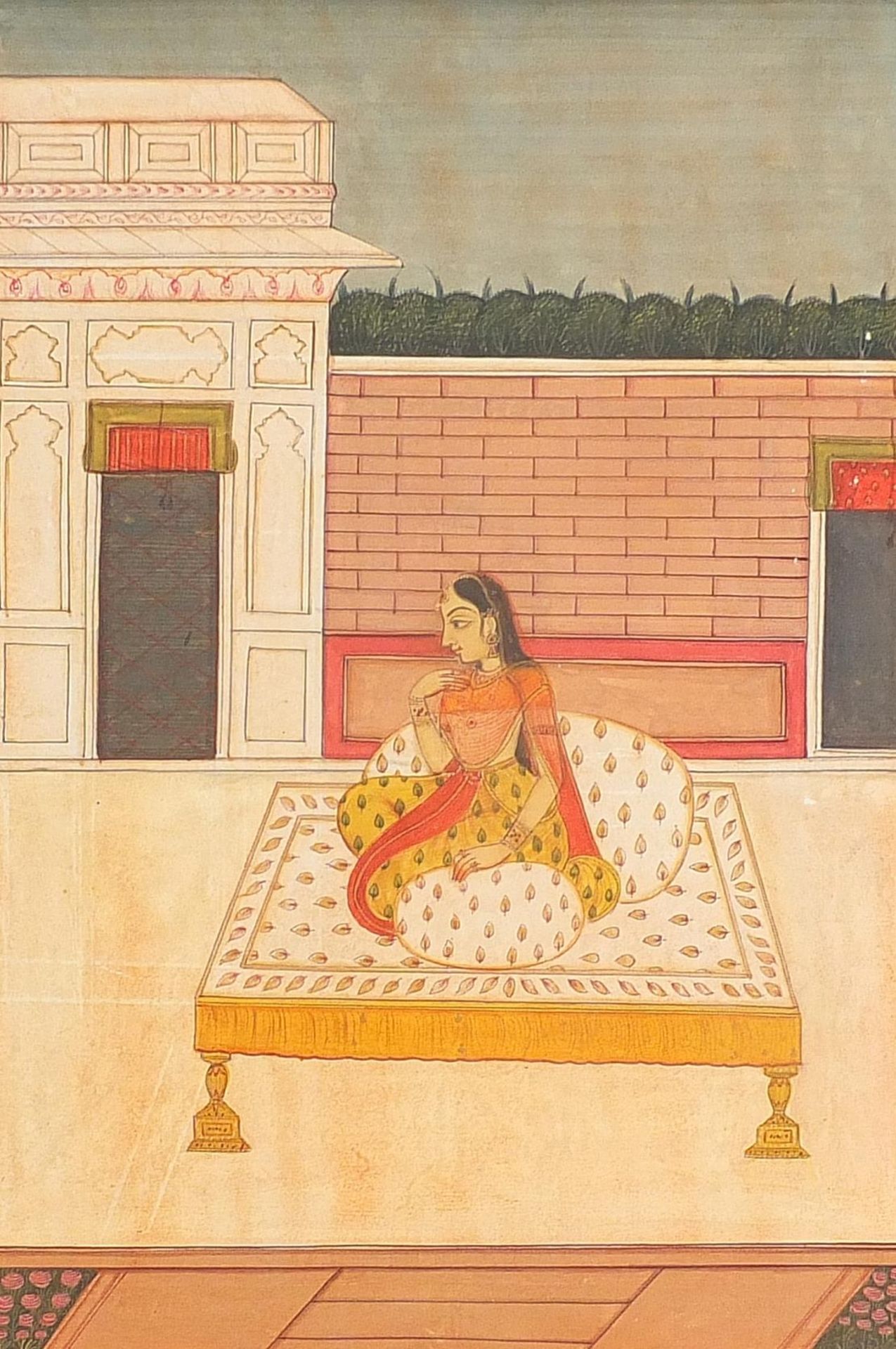 Seated female wearing traditional dress, Indian Mughal school watercolour on card, unframed, 27cm