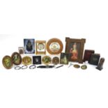 Objects including portrait miniatures, one hand painted of a young female, brass mantle clock