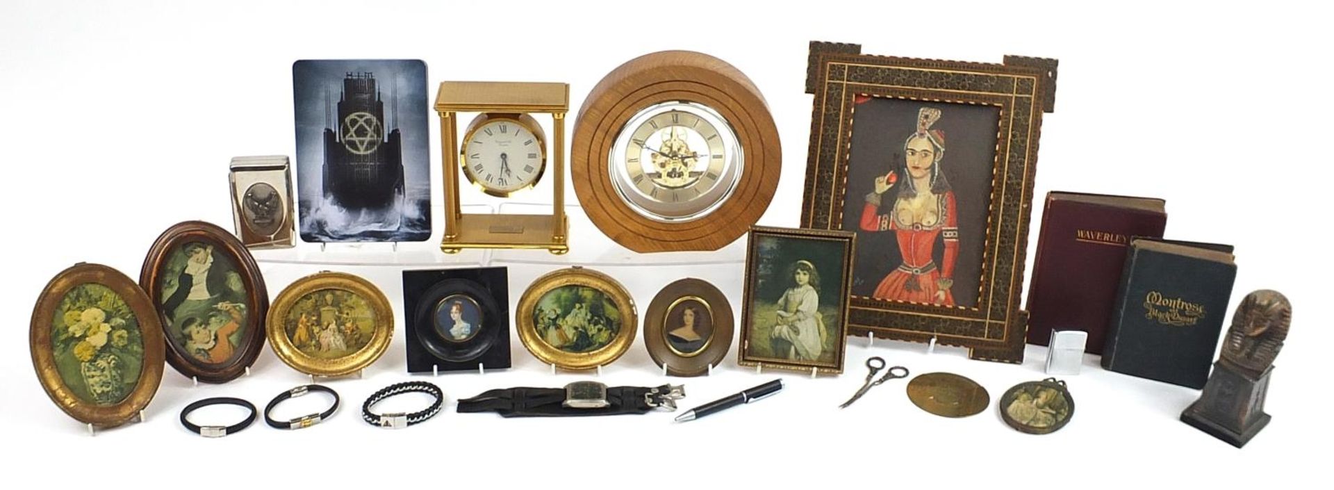 Objects including portrait miniatures, one hand painted of a young female, brass mantle clock