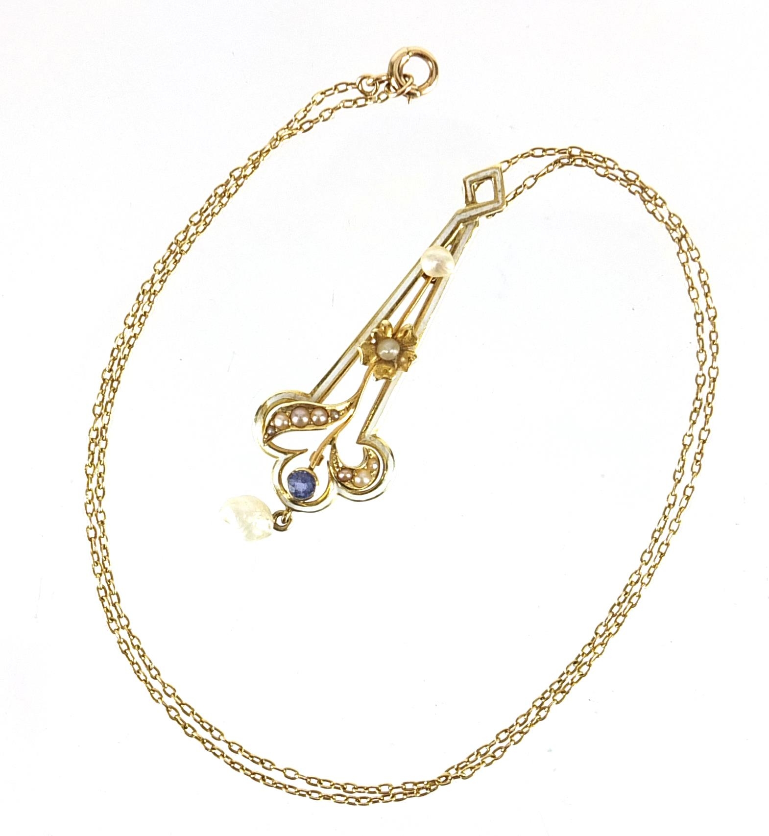 Manner of Carlo Giuliano, Art Nouveau 14ct gold necklace set with a blue sapphire and seed pearls, T - Image 2 of 4