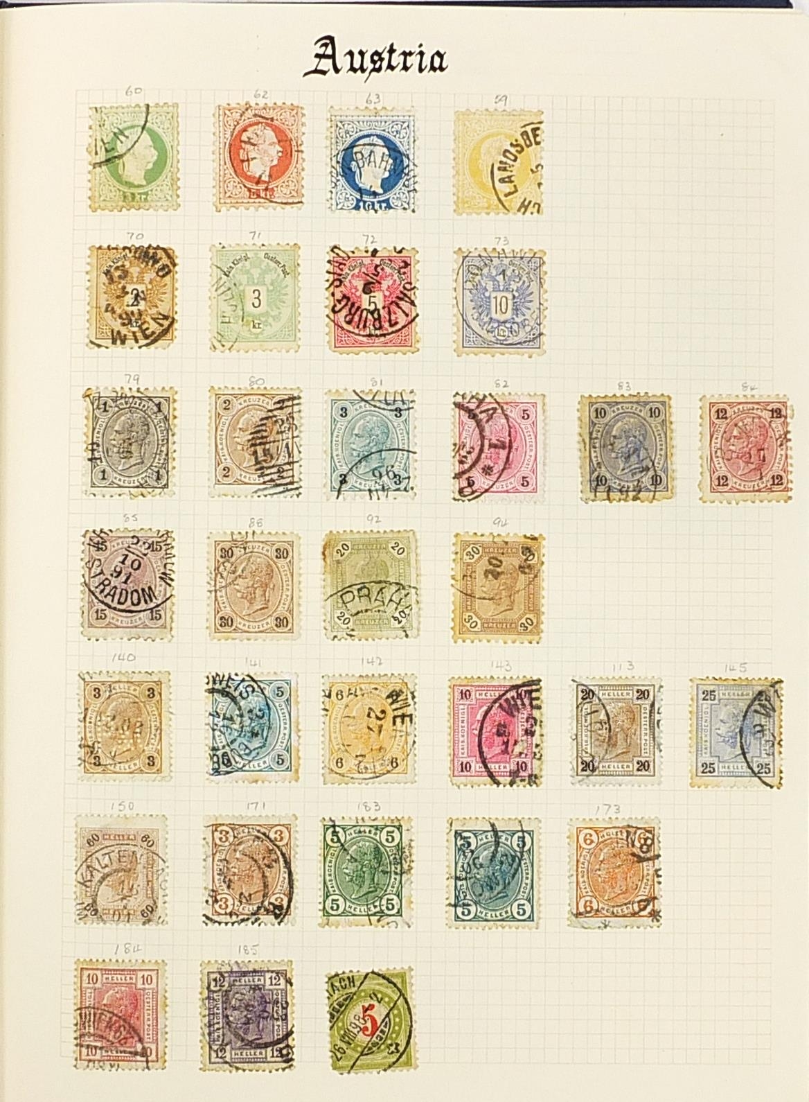 World stamps arranged in an album including Austria, Czech and Danish