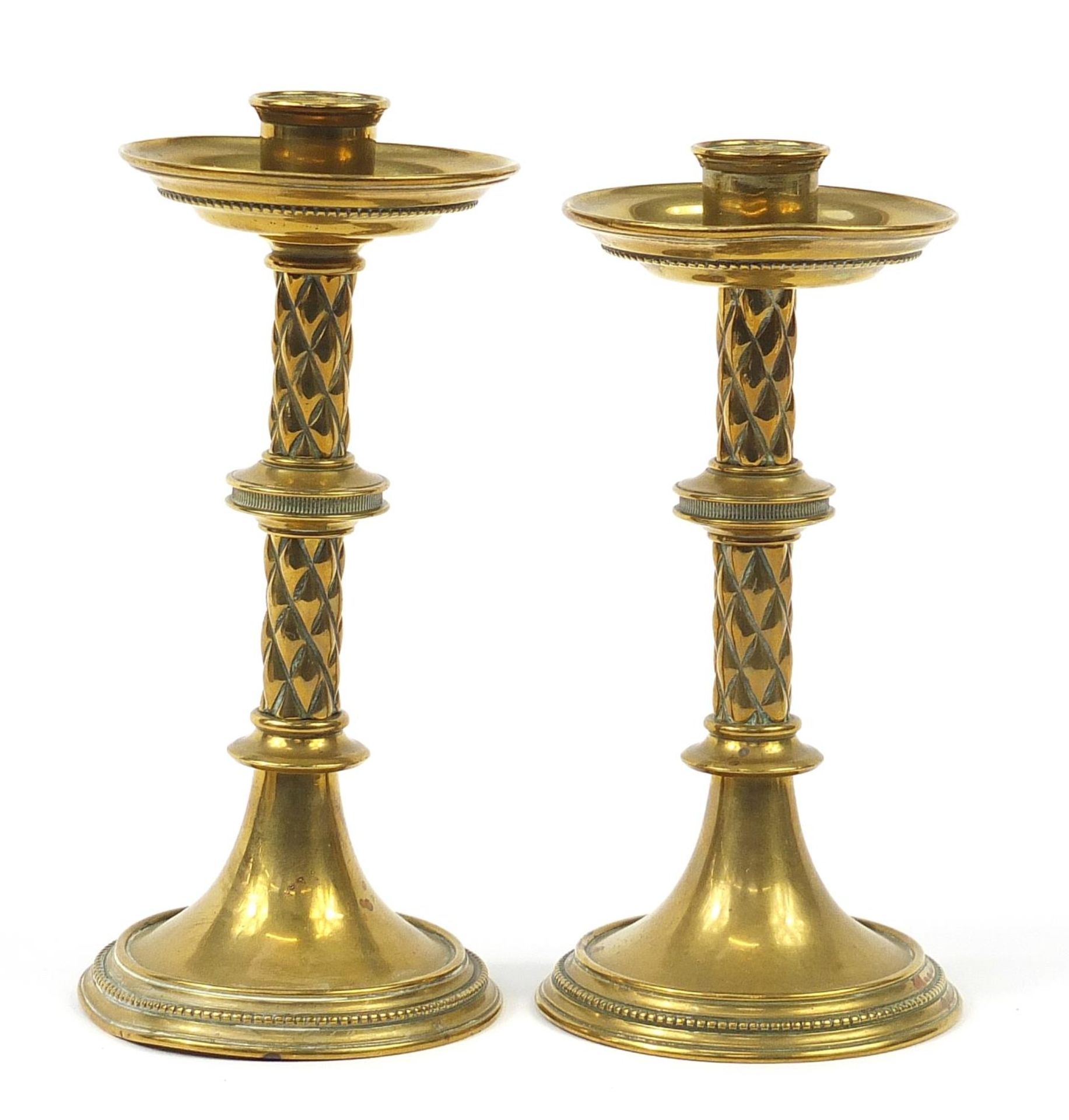 Two Arts & Crafts brass candlesticks by William Tonkin & Son, the largest 21.5cm high - Image 2 of 3