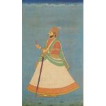 Portrait of a gentleman holding a sword and flowers, Indian Mughal school watercolour on card,