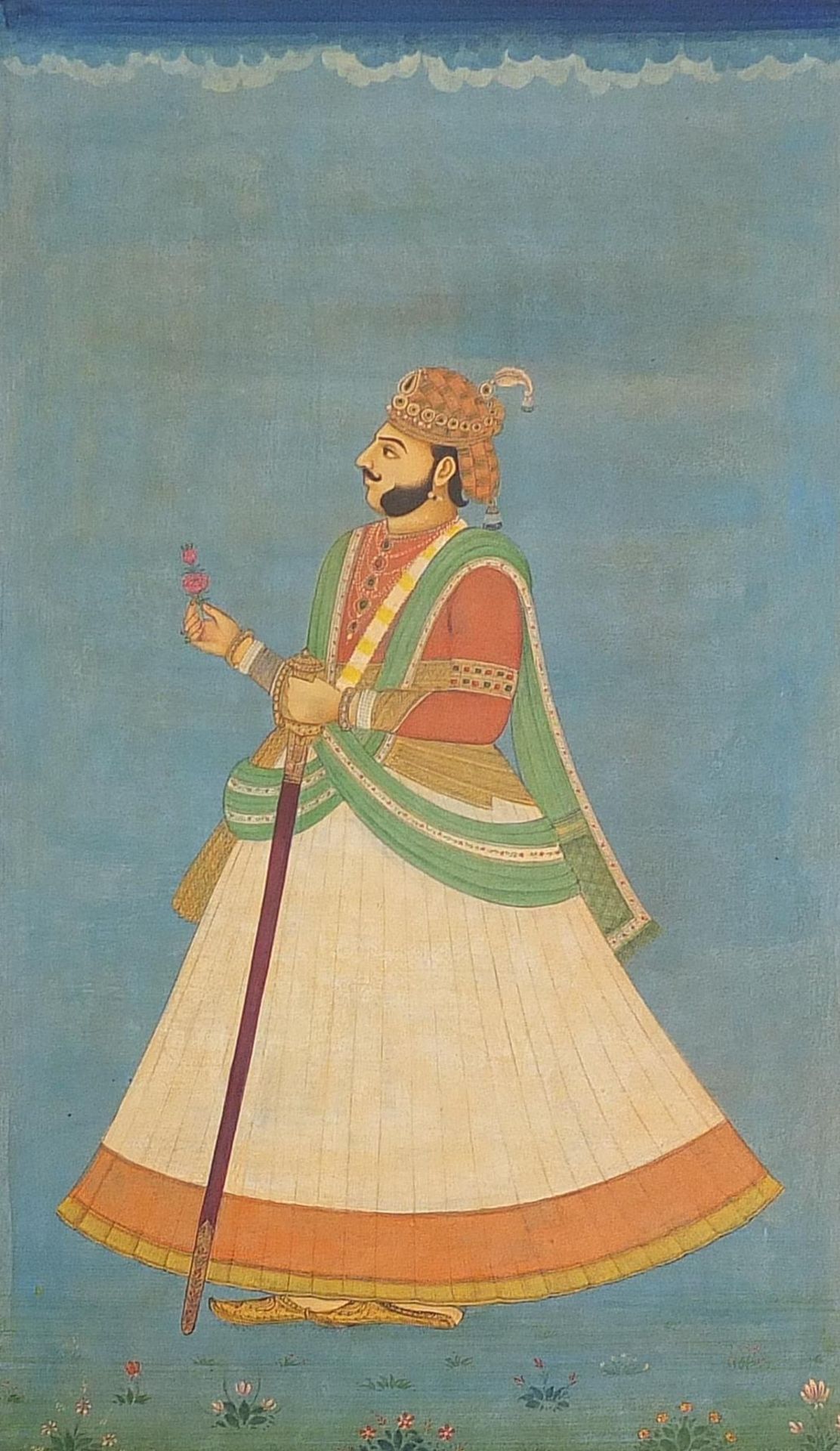 Portrait of a gentleman holding a sword and flowers, Indian Mughal school watercolour on card,