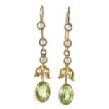 Pair of Victorian unmarked gold peridot and seed pearl drop earrings, 3cm high, 1.8g