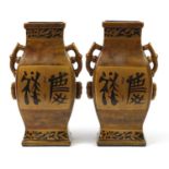 Pair of large Chinese pottery twin handled vases decorated with calligraphy, 40cm high