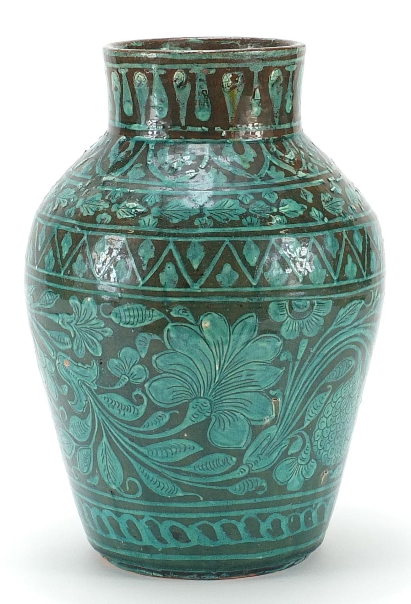 Middle Eastern pottery vase hand painted with flowers, 24.5cm high - Image 2 of 3