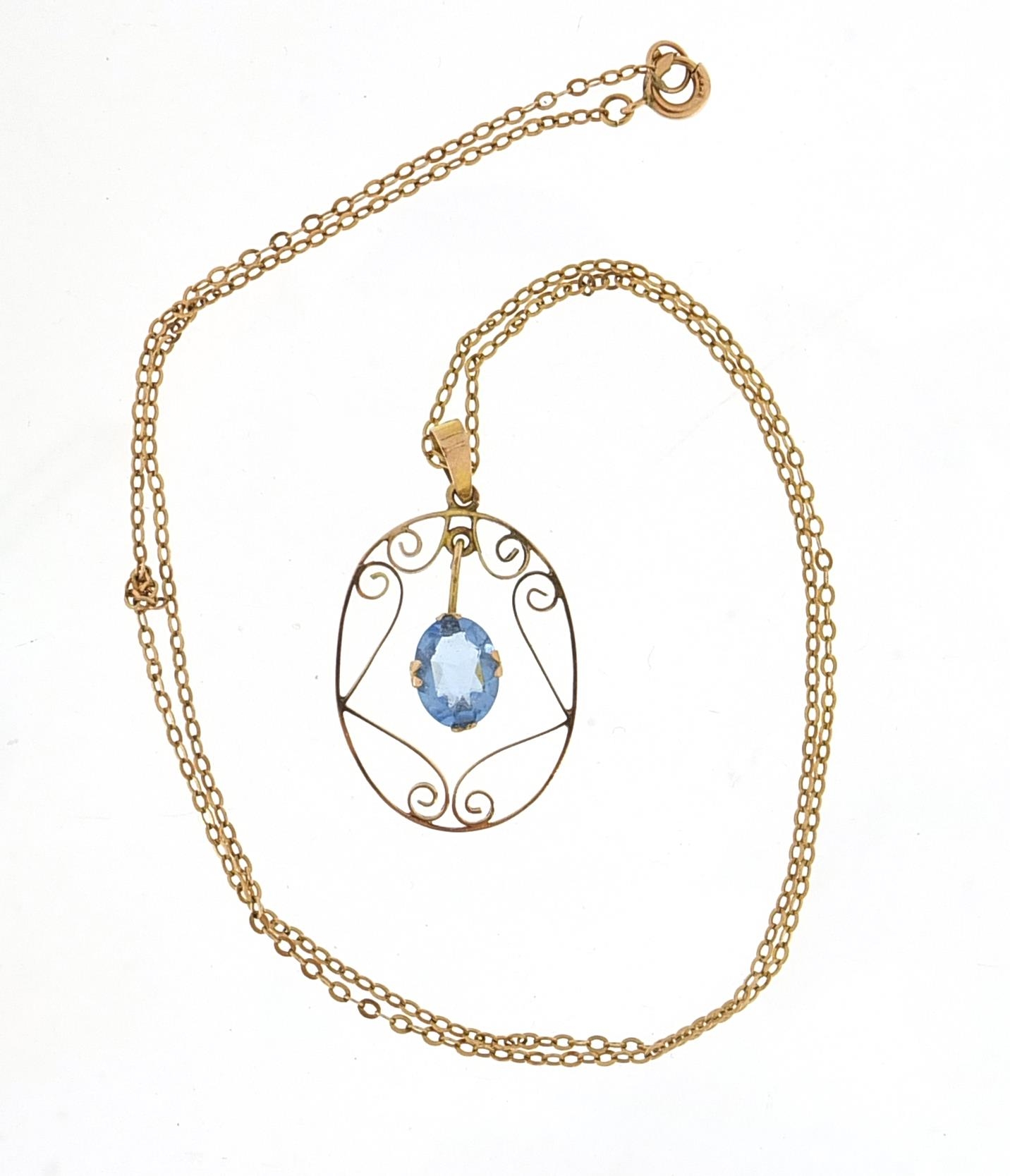 Art Nouveau 9ct gold blue topaz pendant on a 9ct gold necklace, 3cm high and 43cm in length, 2.3g - Image 3 of 3