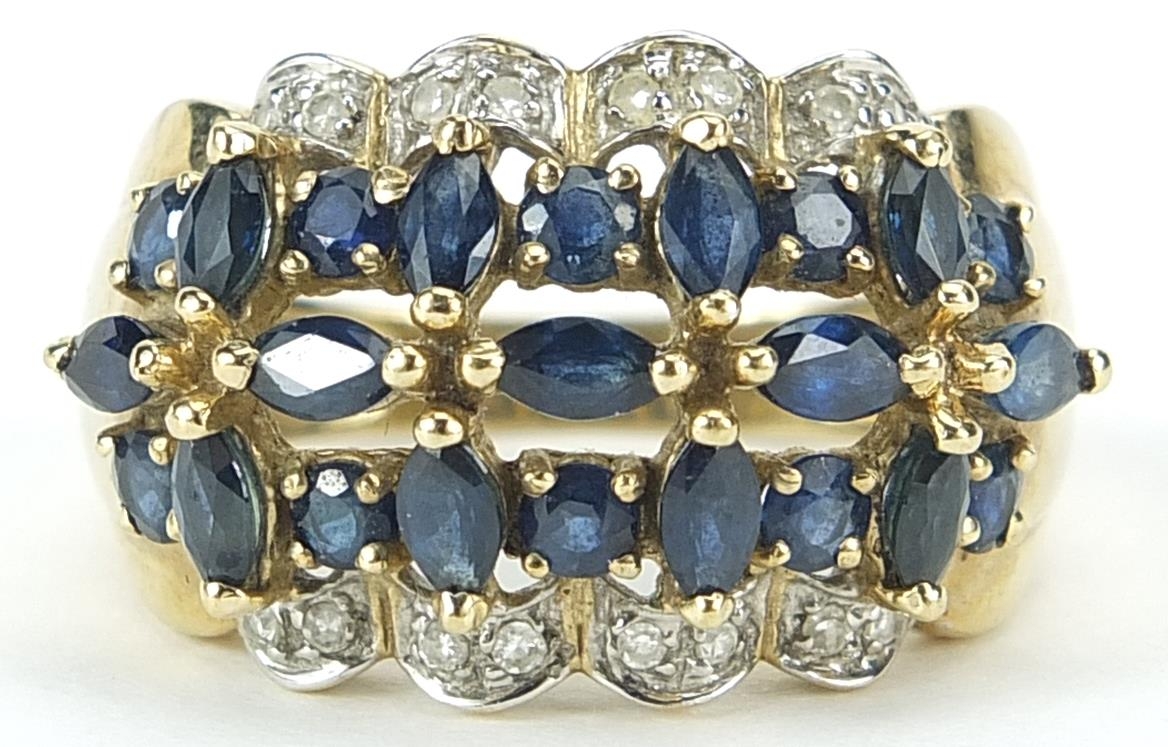 9ct gold sapphire and diamond cocktail ring, size P, 4.9g