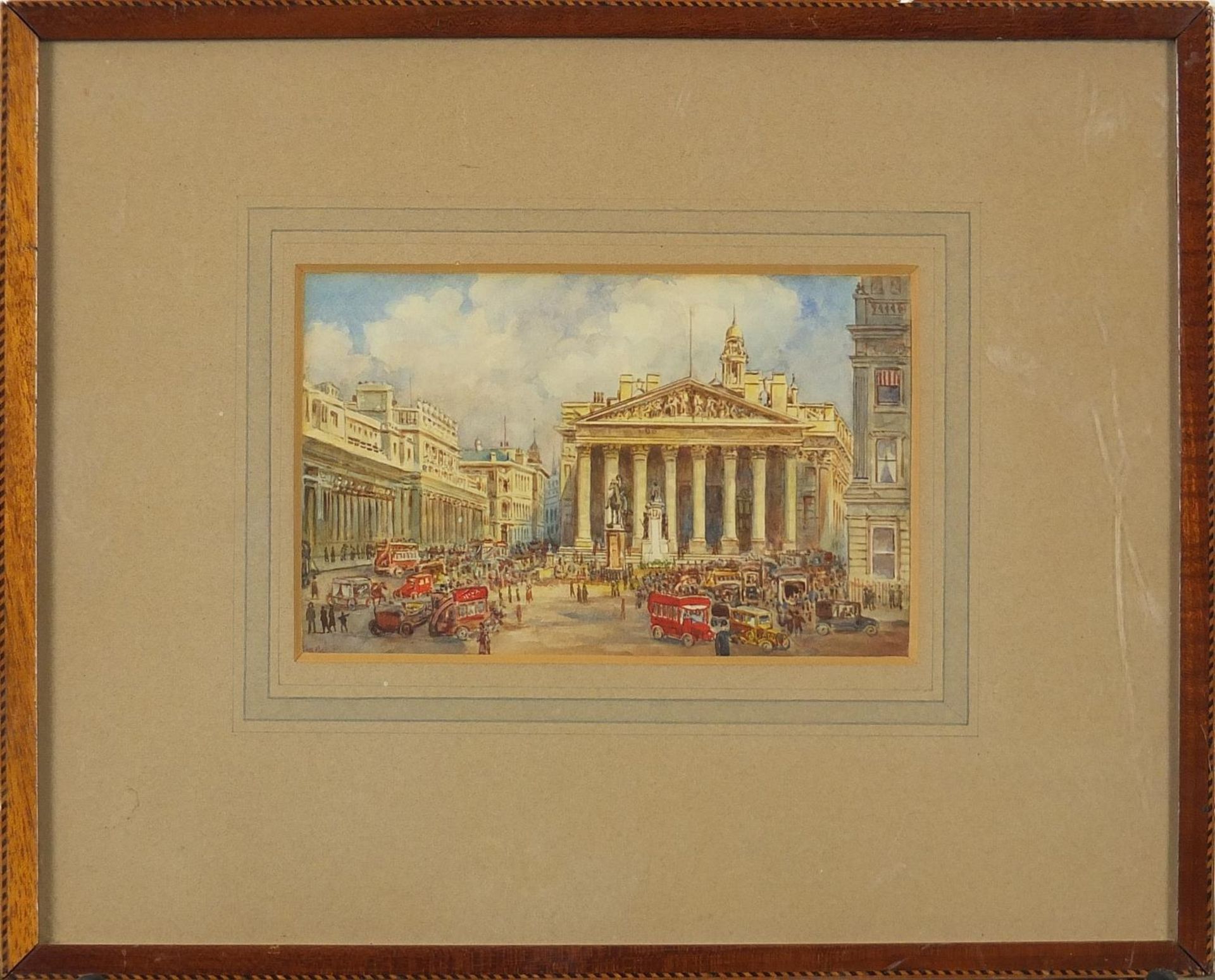 Buses and figures before The Royal Exchange, London, watercolour, indistinctly monogrammed, possibly - Image 2 of 4