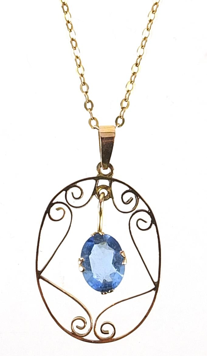 Art Nouveau 9ct gold blue topaz pendant on a 9ct gold necklace, 3cm high and 43cm in length, 2.3g
