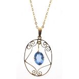 Art Nouveau 9ct gold blue topaz pendant on a 9ct gold necklace, 3cm high and 43cm in length, 2.3g