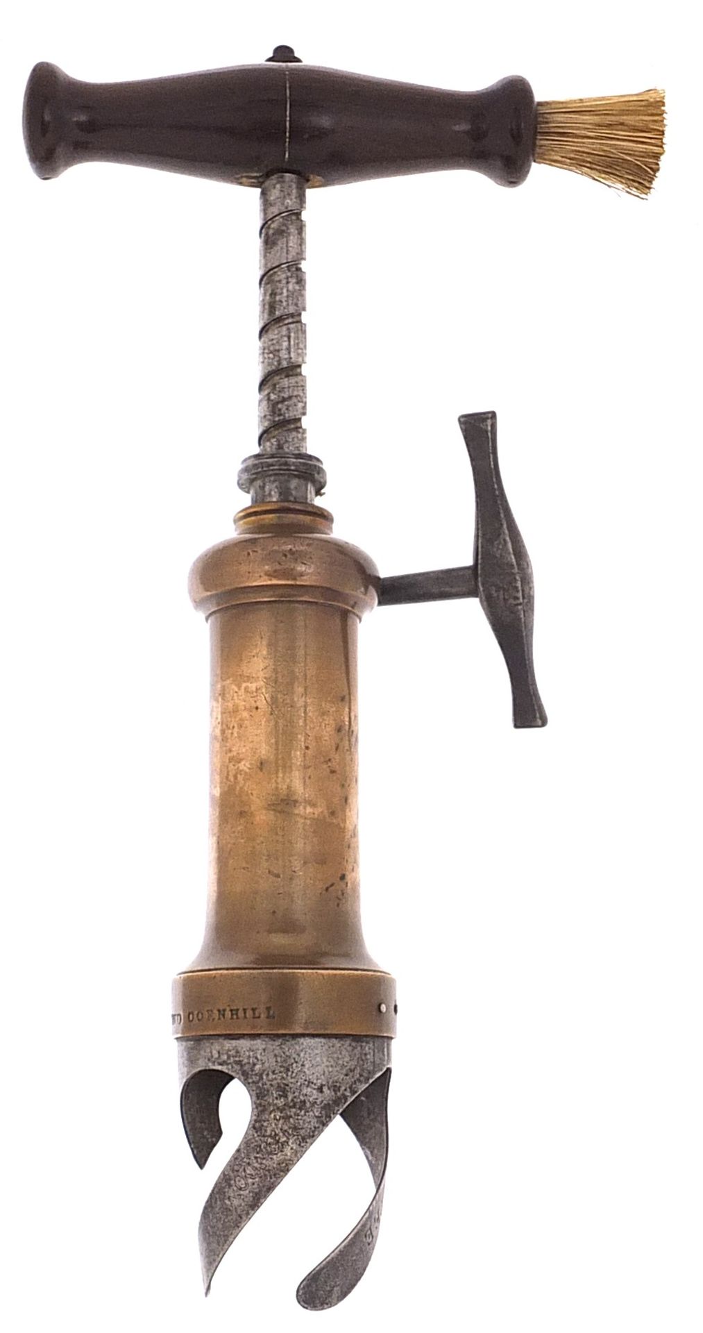 Victorian mechanical corkscrew with side brush impressed Lund Cornhill, 19cm high - Image 4 of 7