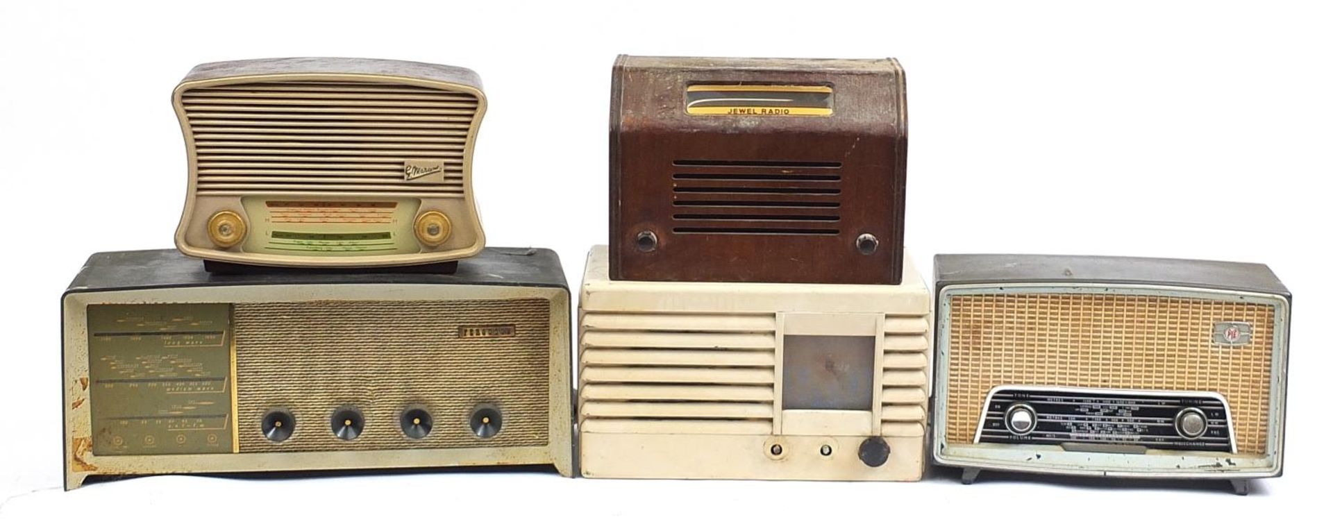 Five vintage Bakelite and wooden radios including G. Malcom, Pye and Ferguson, the largest 52cm wide