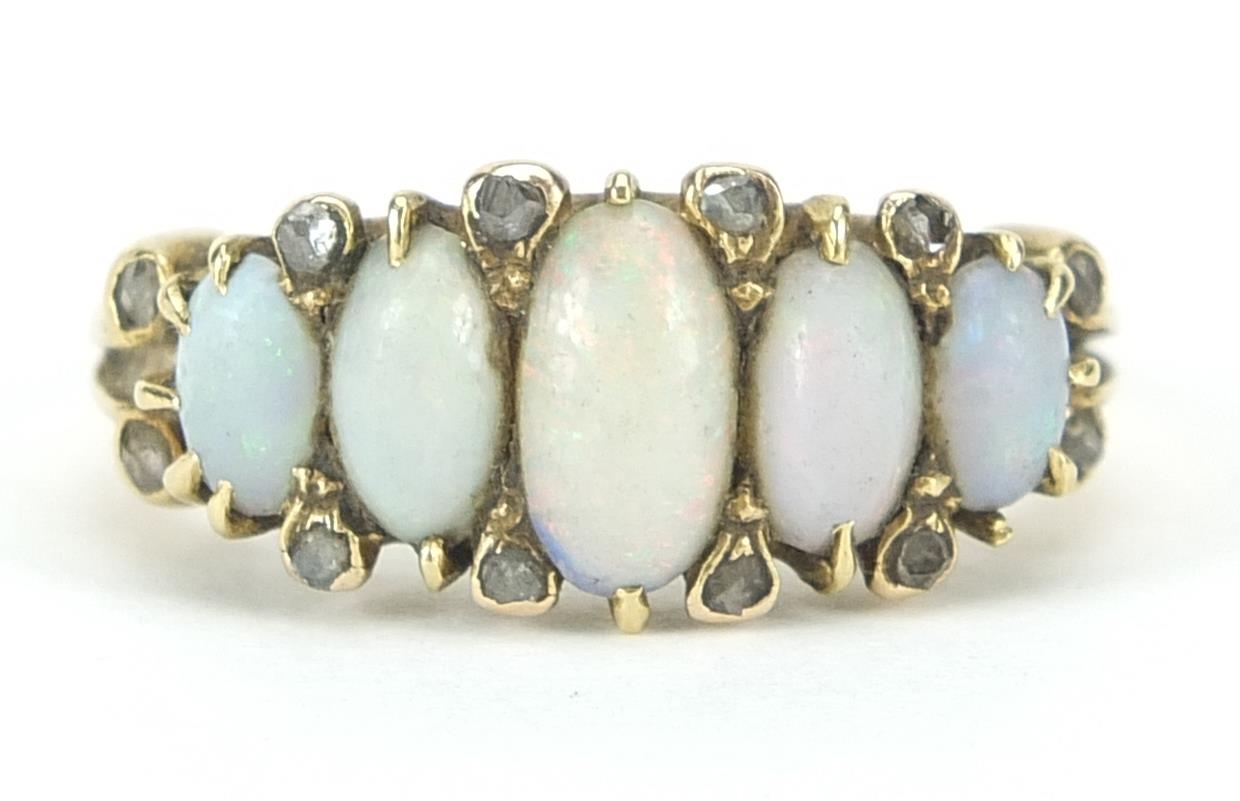 Antique unmarked gold graduated opal and diamond ring, size P, 5.4g