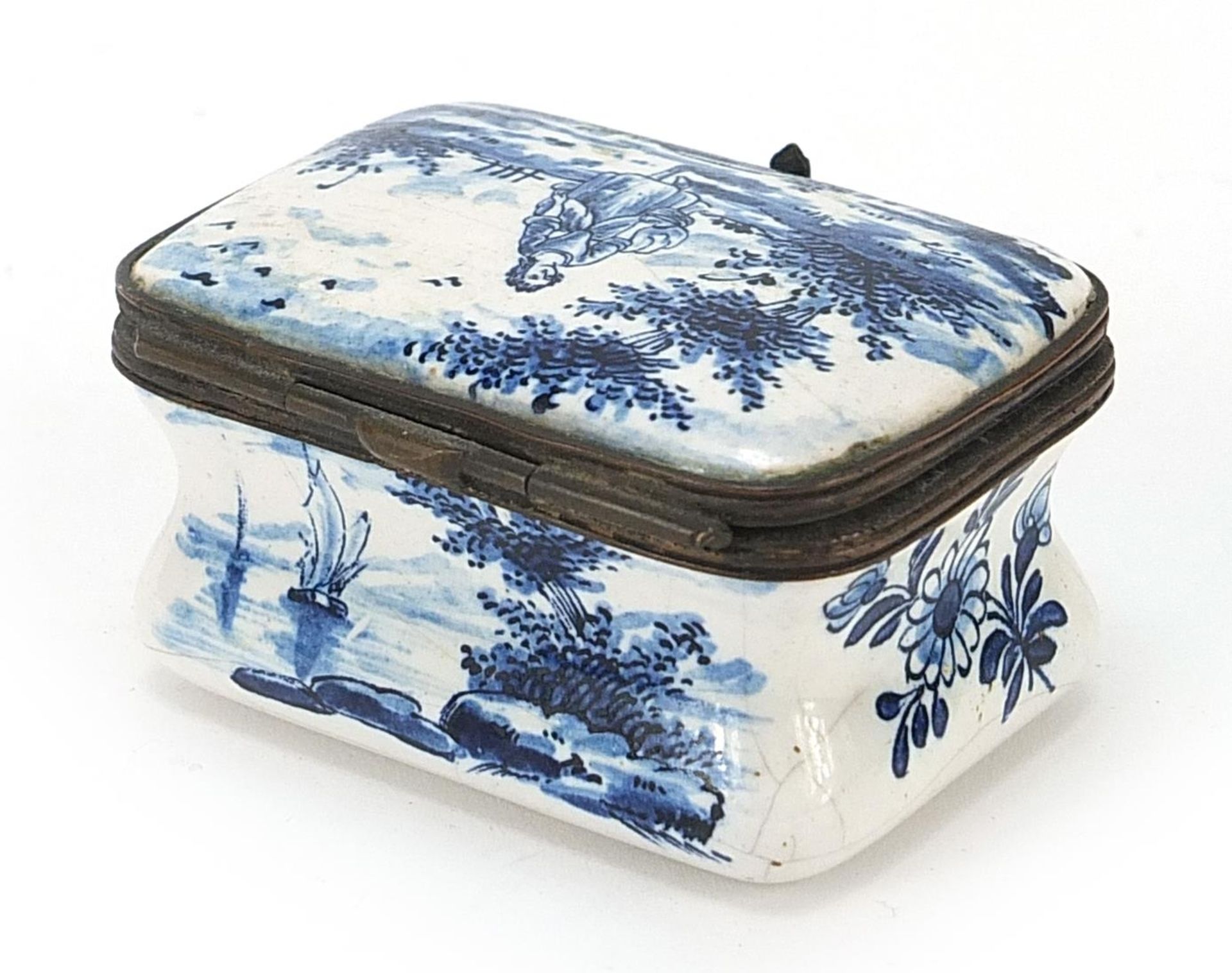 French faience glazed snuff box hand painted with young girl, 6cm wide - Image 2 of 4