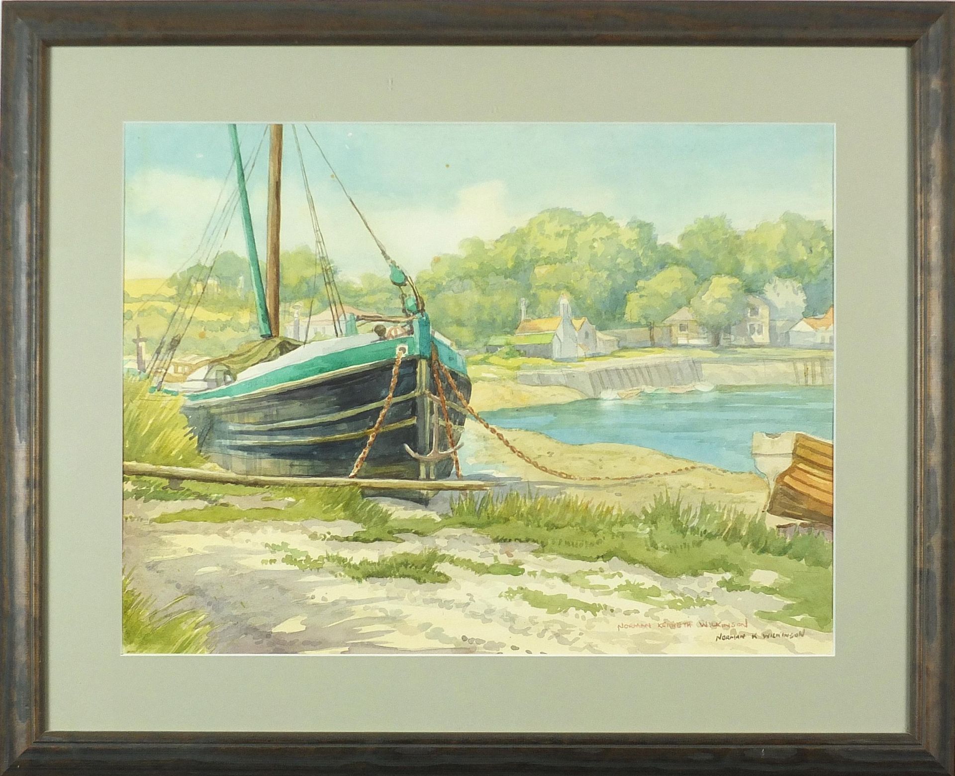 Norman Kenneth Wilkinson - Moored boat beside water, watercolour, indistinct labels verso, - Image 2 of 5