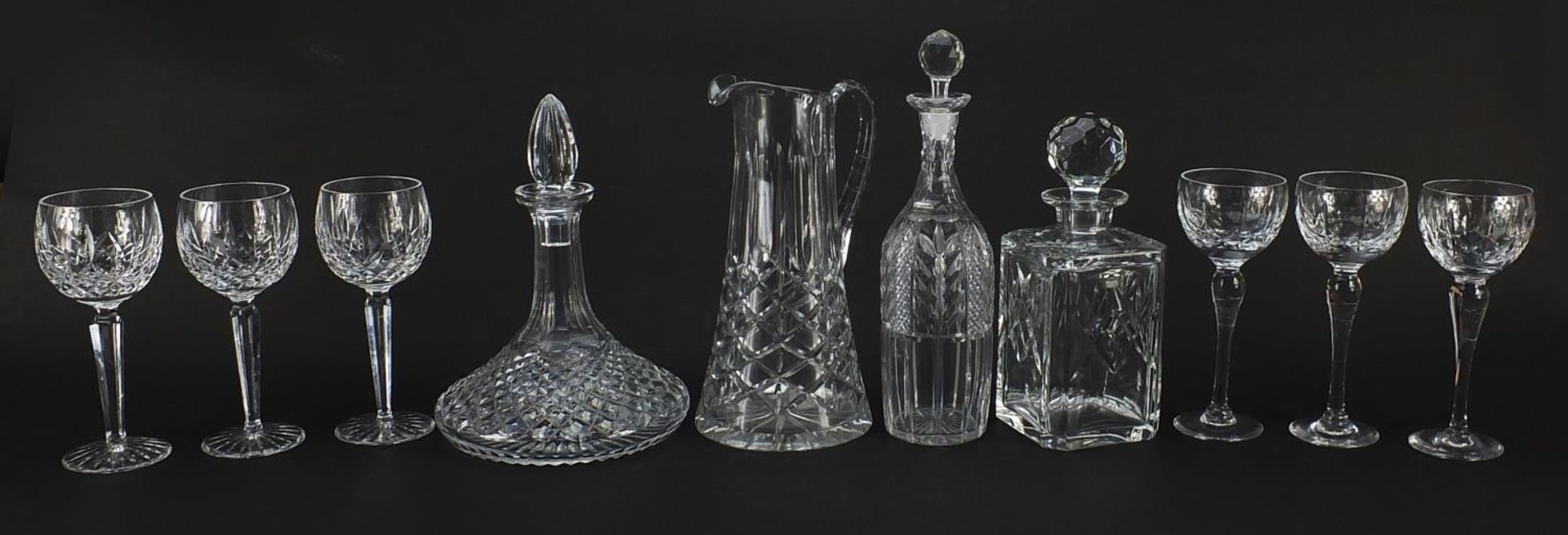 Cut glassware to include three decanters, one Edinburgh Crystal and set of six glasses, the