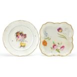 London decorated Nantgarw plate and a square Swansea dessert dish, each decorated with flowers,