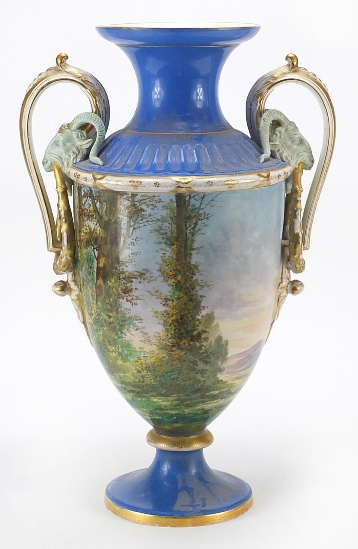 Large 19th century porcelain vase with twin goat head handles, hand painted with a young gypsy - Image 3 of 4