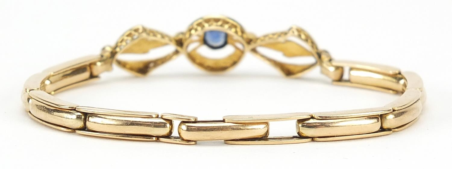 15ct gold sapphire and seed pearl bracelet housed in Wittakers Oldham fitted box, 16cm in length, - Image 3 of 5