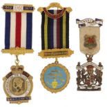 Two silver gilt and enamel RAOB jewels and a silver gilt and enamel Royal Masonic Institution for