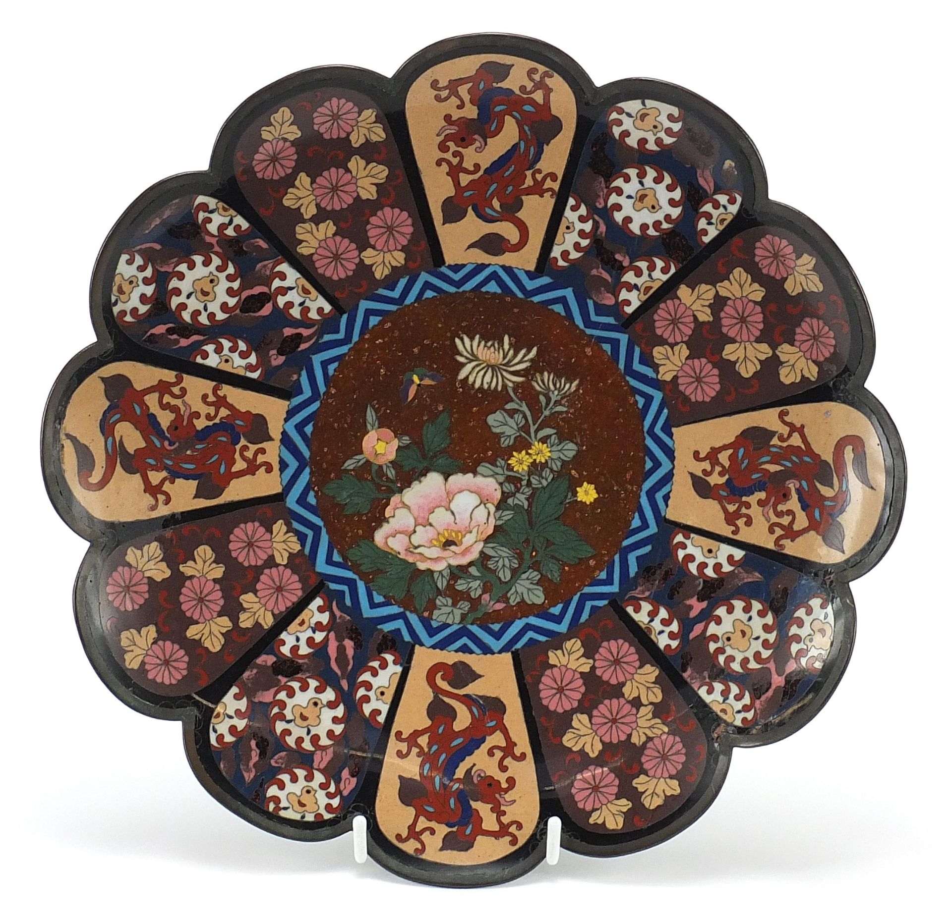 Japanese cloisonne plate enamelled with dragons and flowers, 30.5cm in diameter