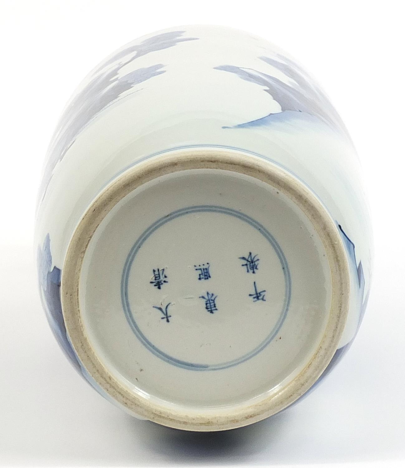Large Chinese blue and white porcelain Rouleau vase hand painted with figures and warriors in a - Image 3 of 3