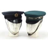 Two military interest visor caps, one with RAF cloth badge