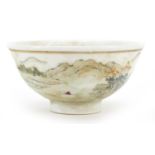 Chinese porcelain bowl hand painted in the famille rose palette with a landscape and calligraphy,