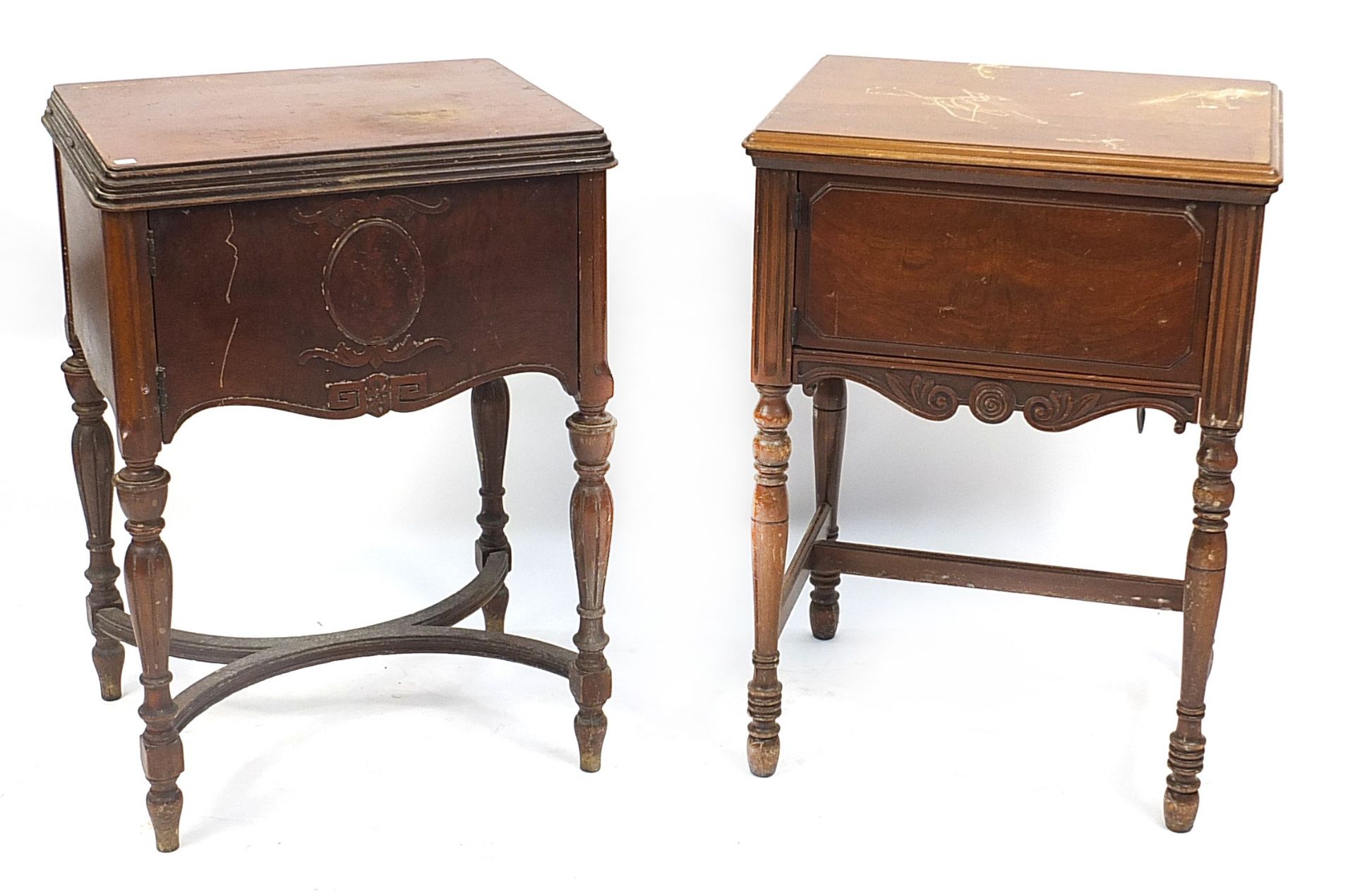 Two vintage sewing machine tables comprising New Home and NSMCO model RBR, each 77cm high