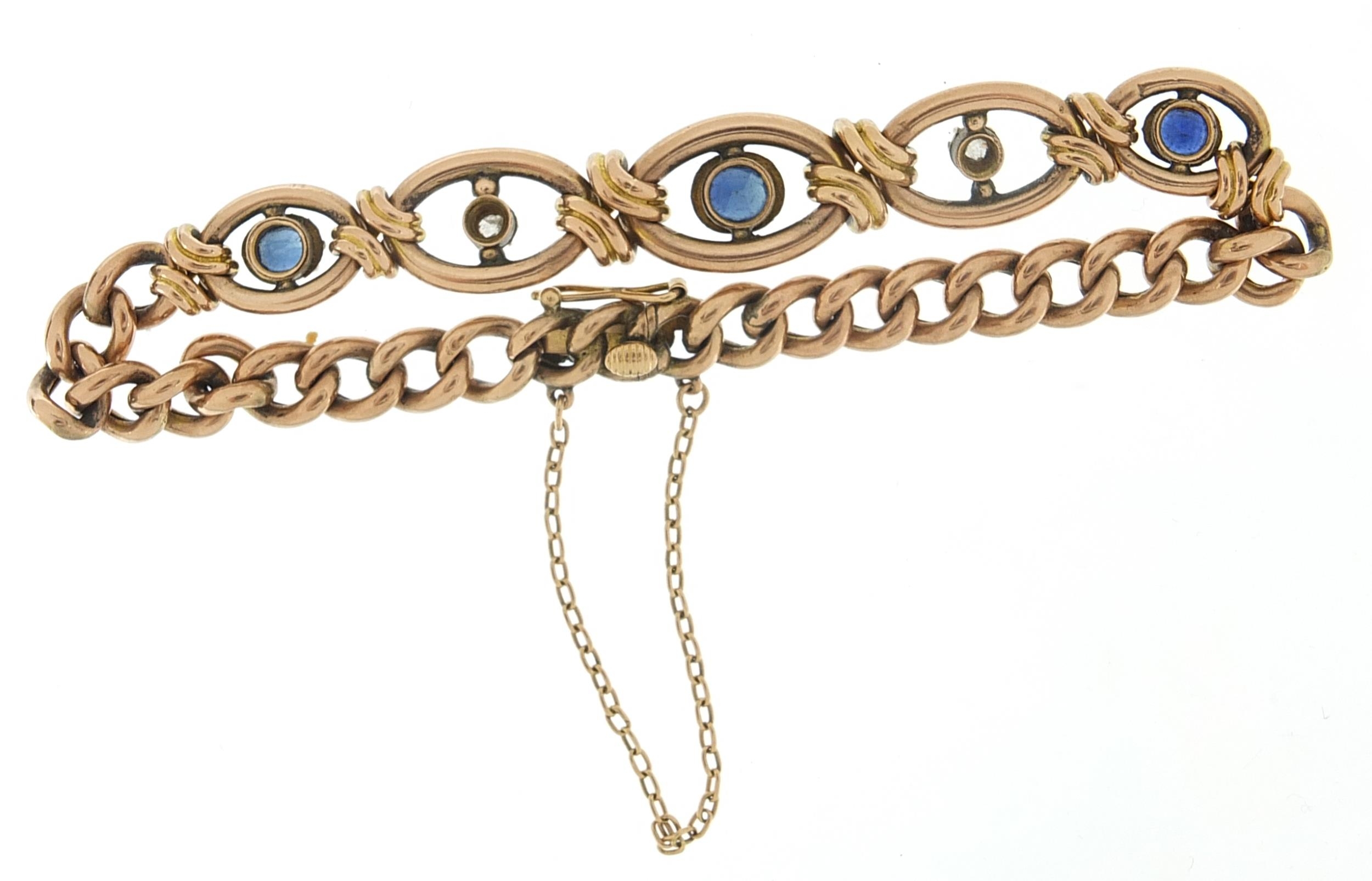 Victorian 9ct rose gold sapphire and diamond bracelet, 19.5cm in length, 15.9g - Image 3 of 3