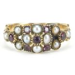 Early 19th century unmarked gold seed pearl and garnet cluster ring, size P, 3.4g