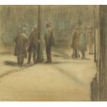Rimmer - Figures in a street, pastel, Stephen Jones, London label verso, mounted, framed and glazed,
