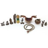 Eastern objects including Benin style bronze figures and a beadwork snake, the snake 62cm in length