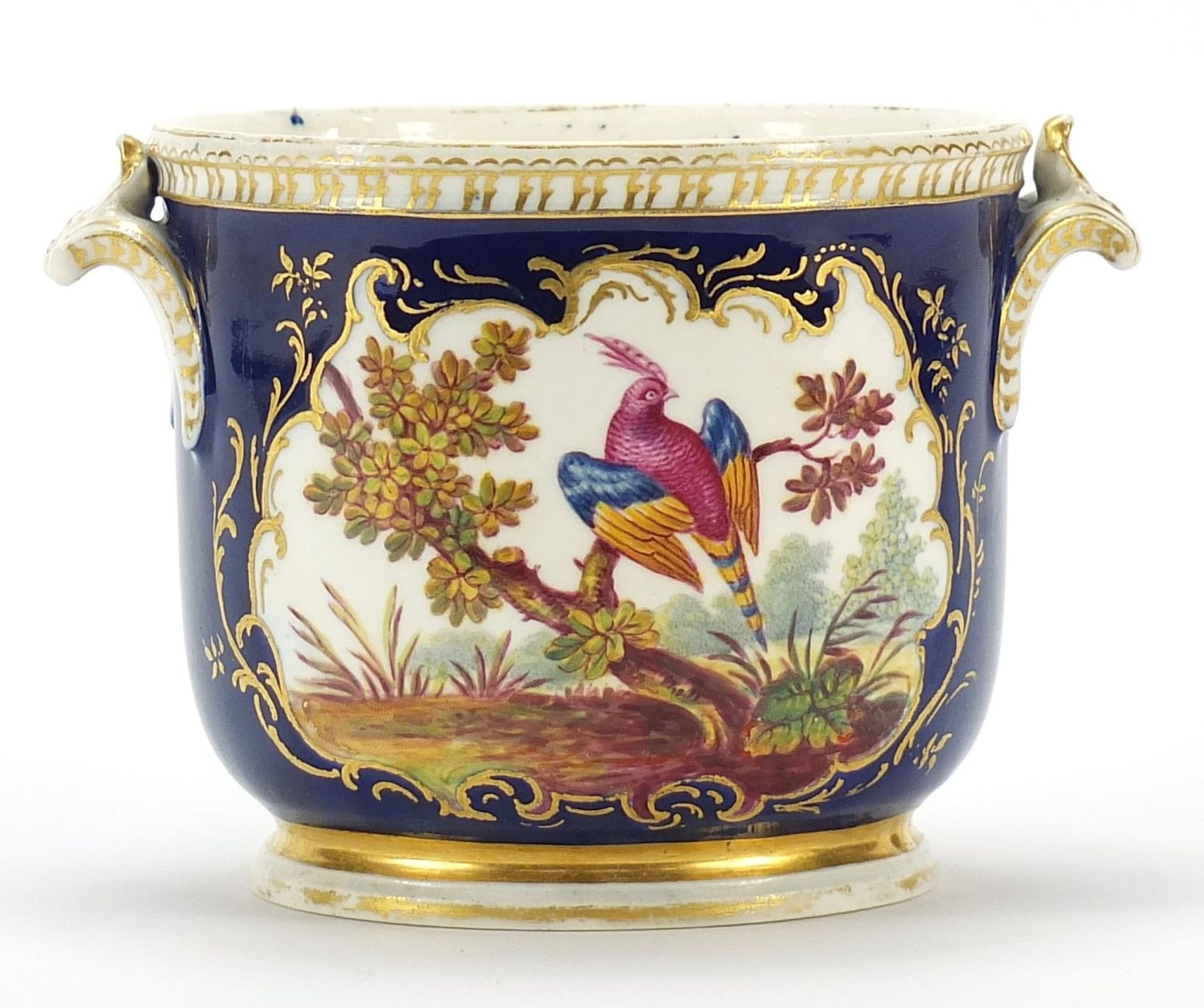 19th century porcelain Sevres style cache pot hand painted and gilded with a bird of paradise and