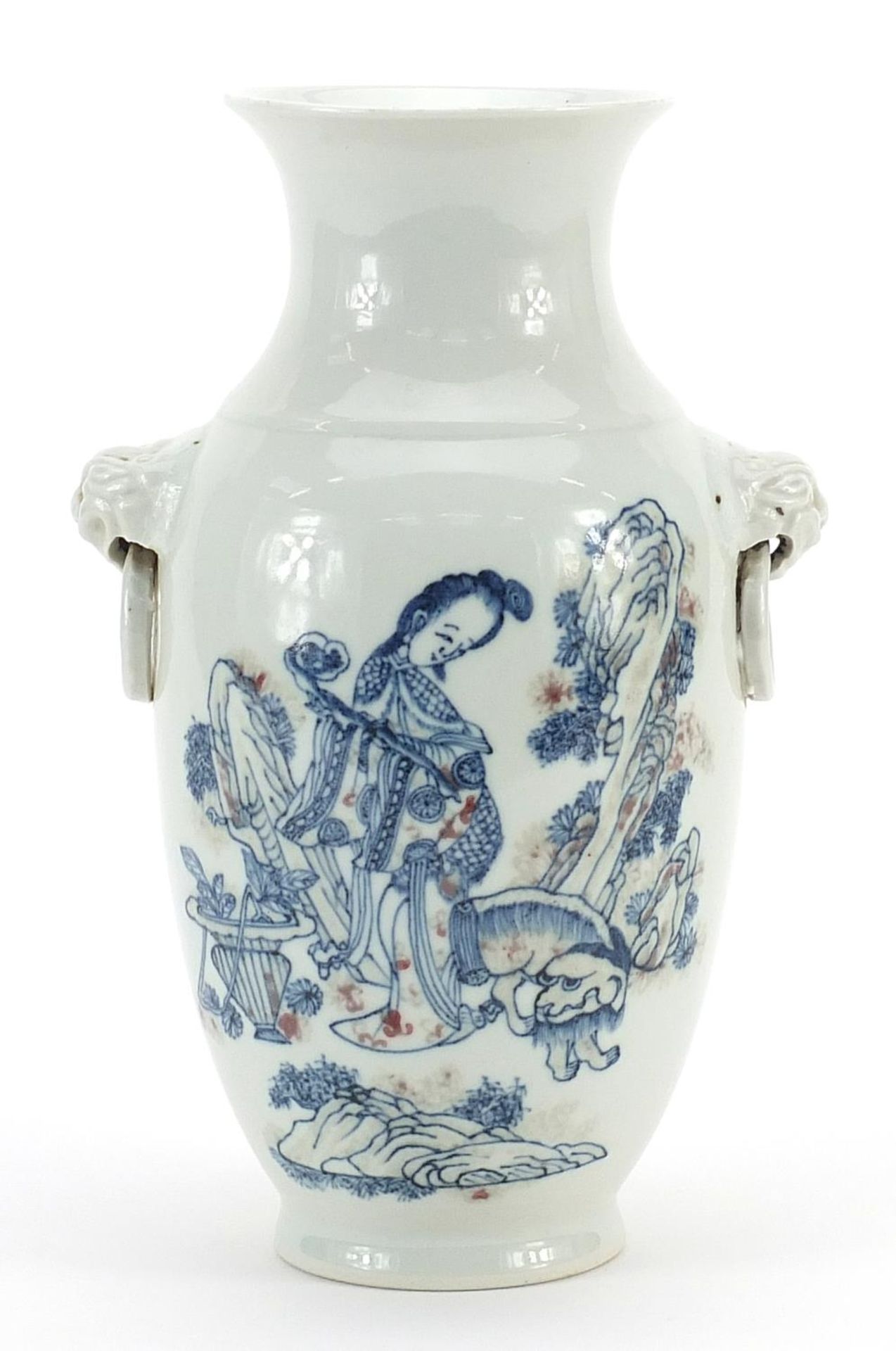 Chinese blue and white with iron red porcelain vase having animalia ring turned handles, hand
