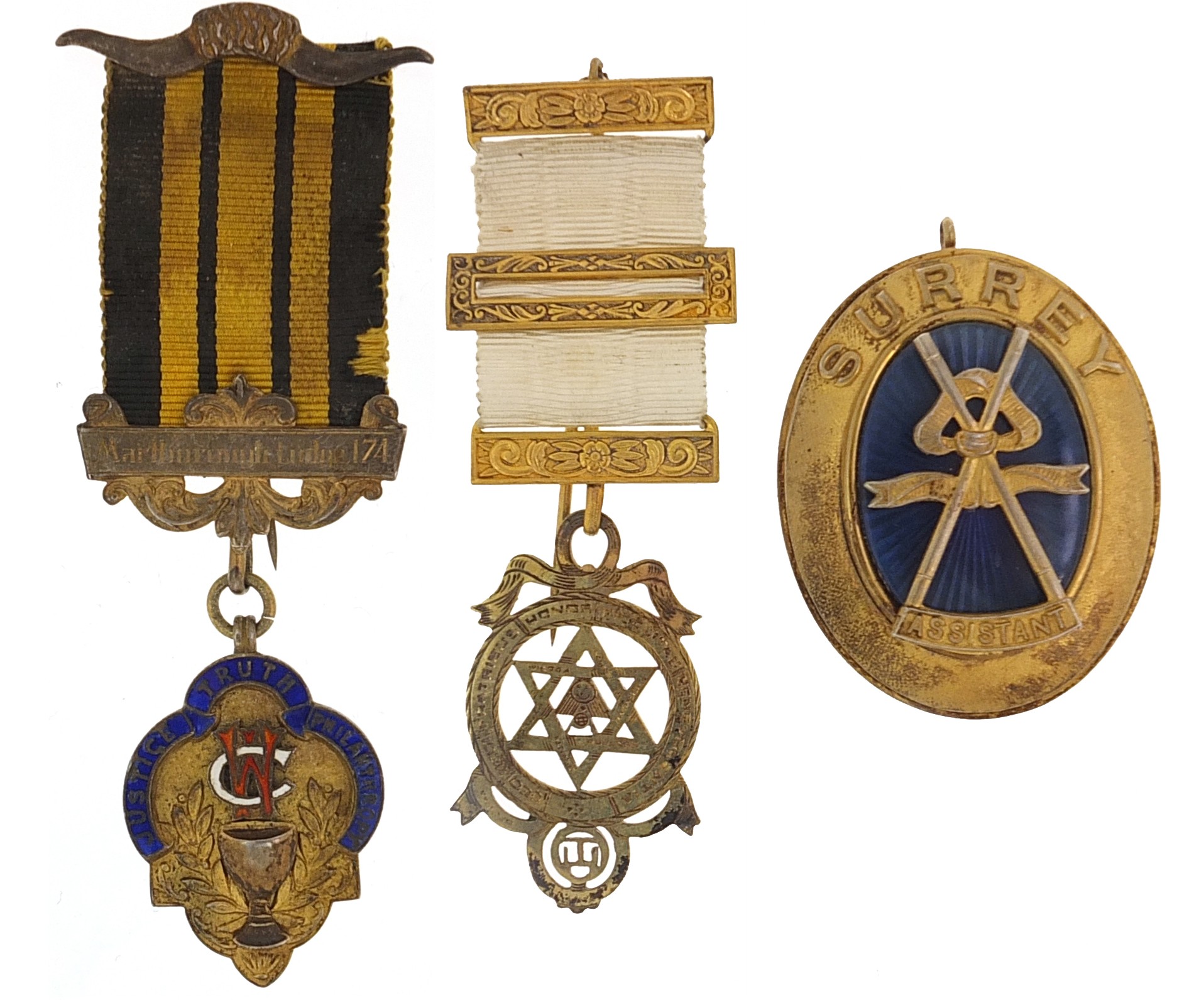 Three silver gilt masonic and RAOB jewels, one enamel, the largest 11cm high, total weight 80.6g