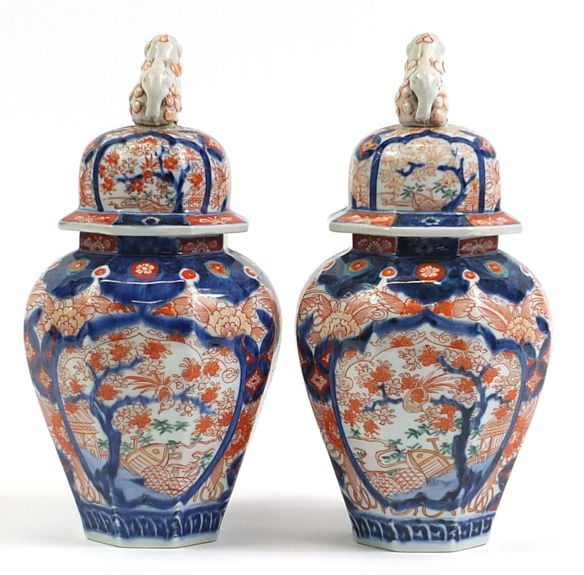 Pair of Japanese Imari porcelain vases and covers hand painted with flower, 32cm high - Image 2 of 3
