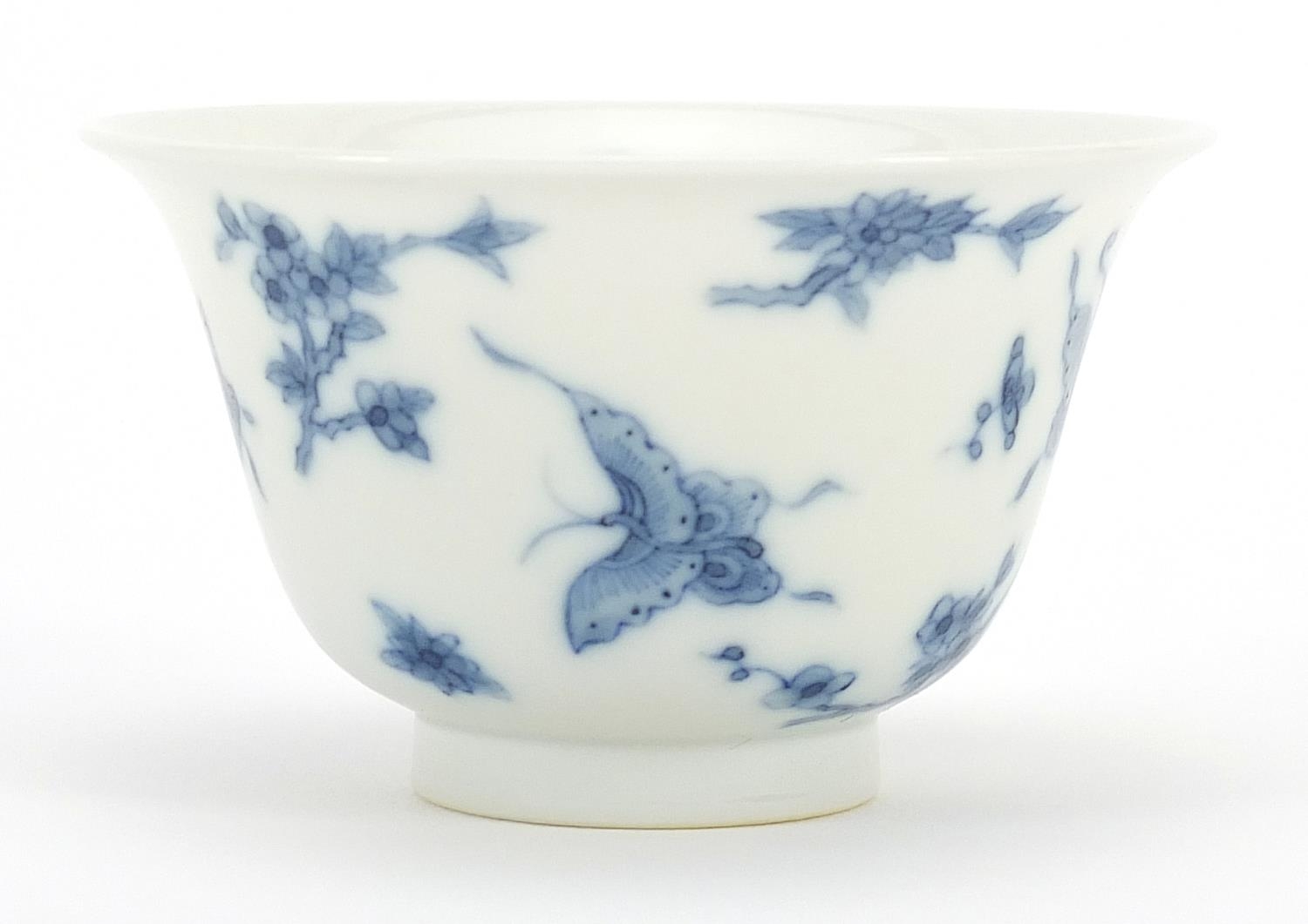 Chinese blue and white porcelain tea bowl hand painted with butterflies amongst flowers, six - Image 2 of 3