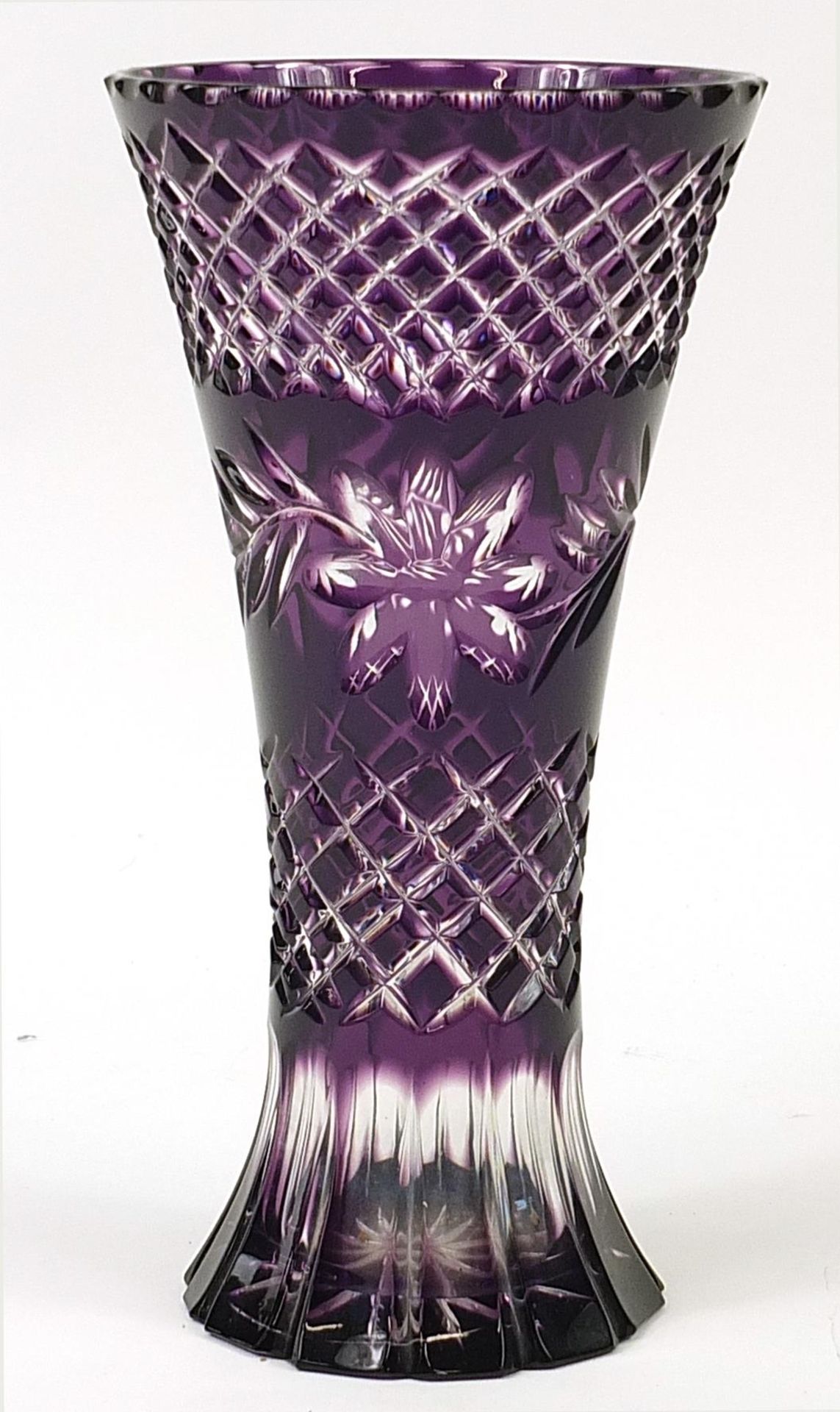 Large Bohemian purple flashed cut glass vase, 30cm high